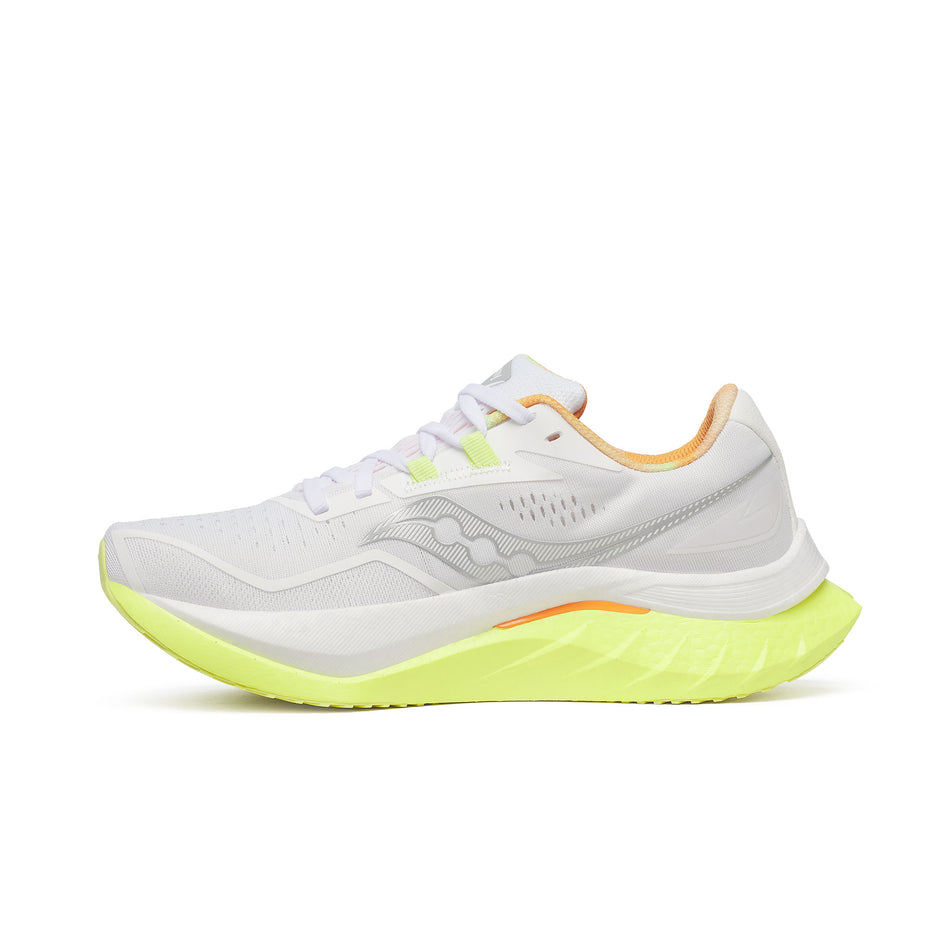 Medial side of the right shoe from a pair of Saucony Women's Endorphin Speed 4 Running Shoes in the White/Sunny colourway. (8559391080610)