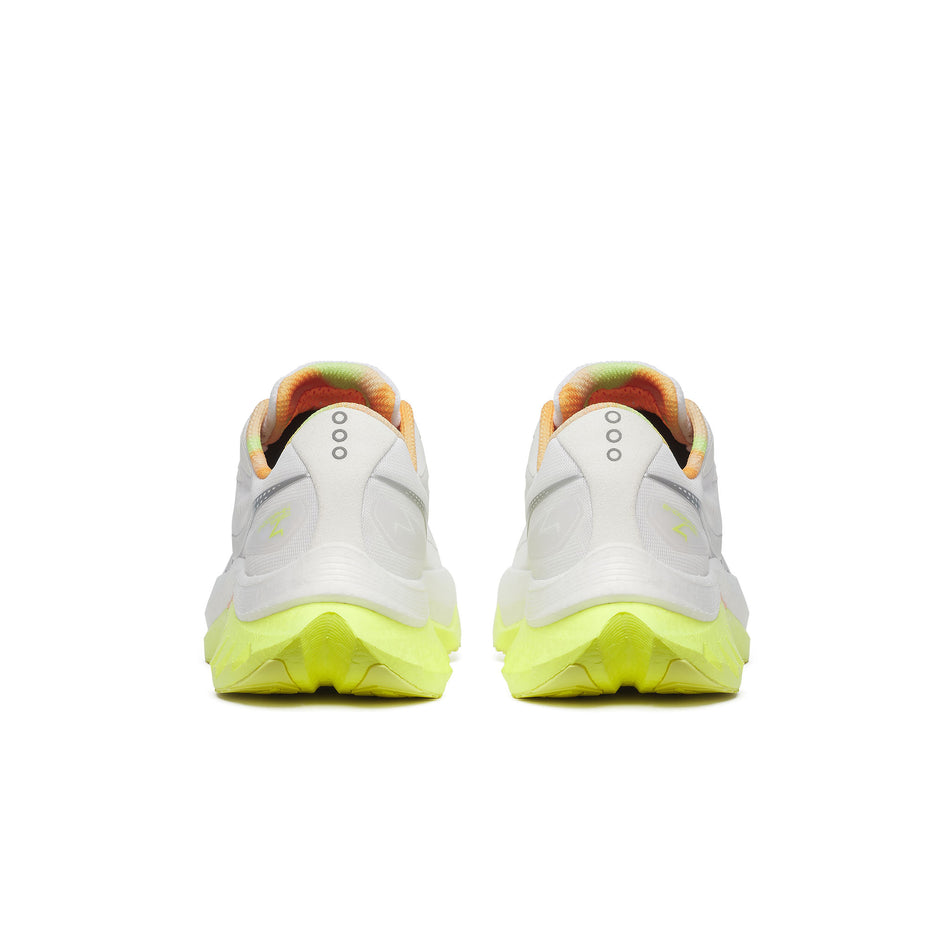 The back of a pair of Saucony Women's Endorphin Speed 4 Running Shoes in the White/Sunny colourway. (8559391080610)