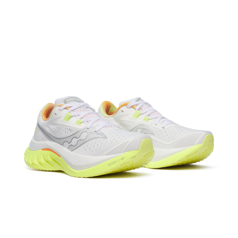 A pair of Saucony Women's Endorphin Speed 4 Running Shoes in the White/Sunny colourway. (8559391080610)