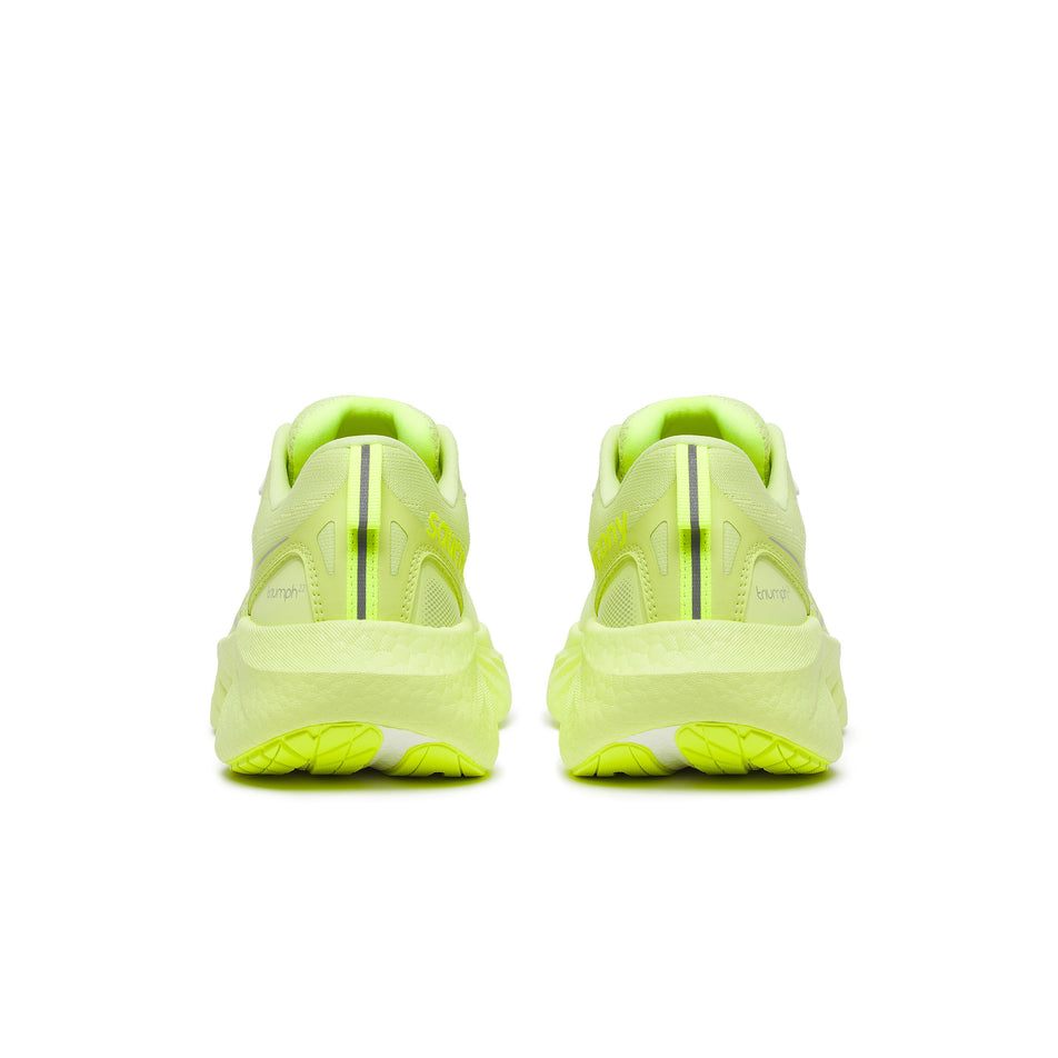 The back of a pair of Saucony Women's Triumph 22 Running Shoes in the Sunny/Citron colourway. (8559405957282)