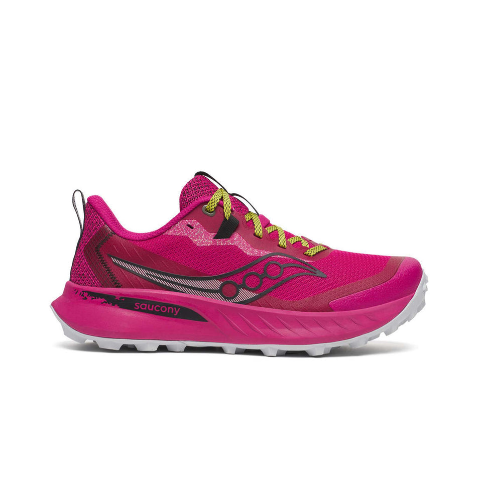 Lateral side of the right shoe from a pair of Saucony Women's Peregrine 15 Running Shoes in the Magenta/Black colourway. (8551141802146)