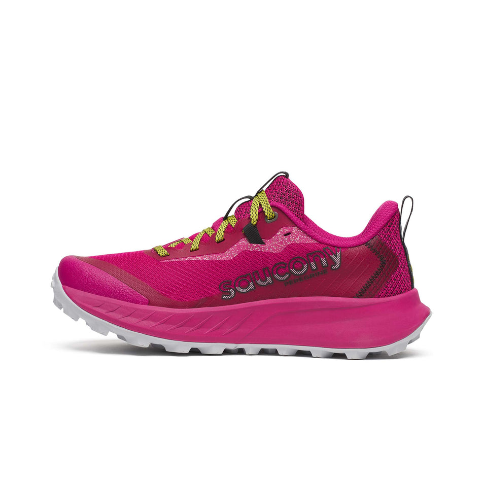 Medial side of the right shoe from a pair of Saucony Women's Peregrine 15 Running Shoes in the Magenta/Black colourway. (8551141802146)