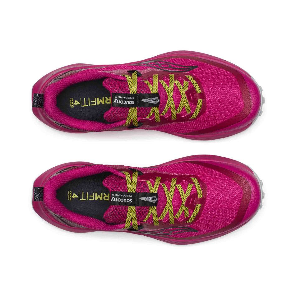 The uppers on a pair of Saucony Women's Peregrine 15 Running Shoes in the Magenta/Black colourway. (8551141802146)