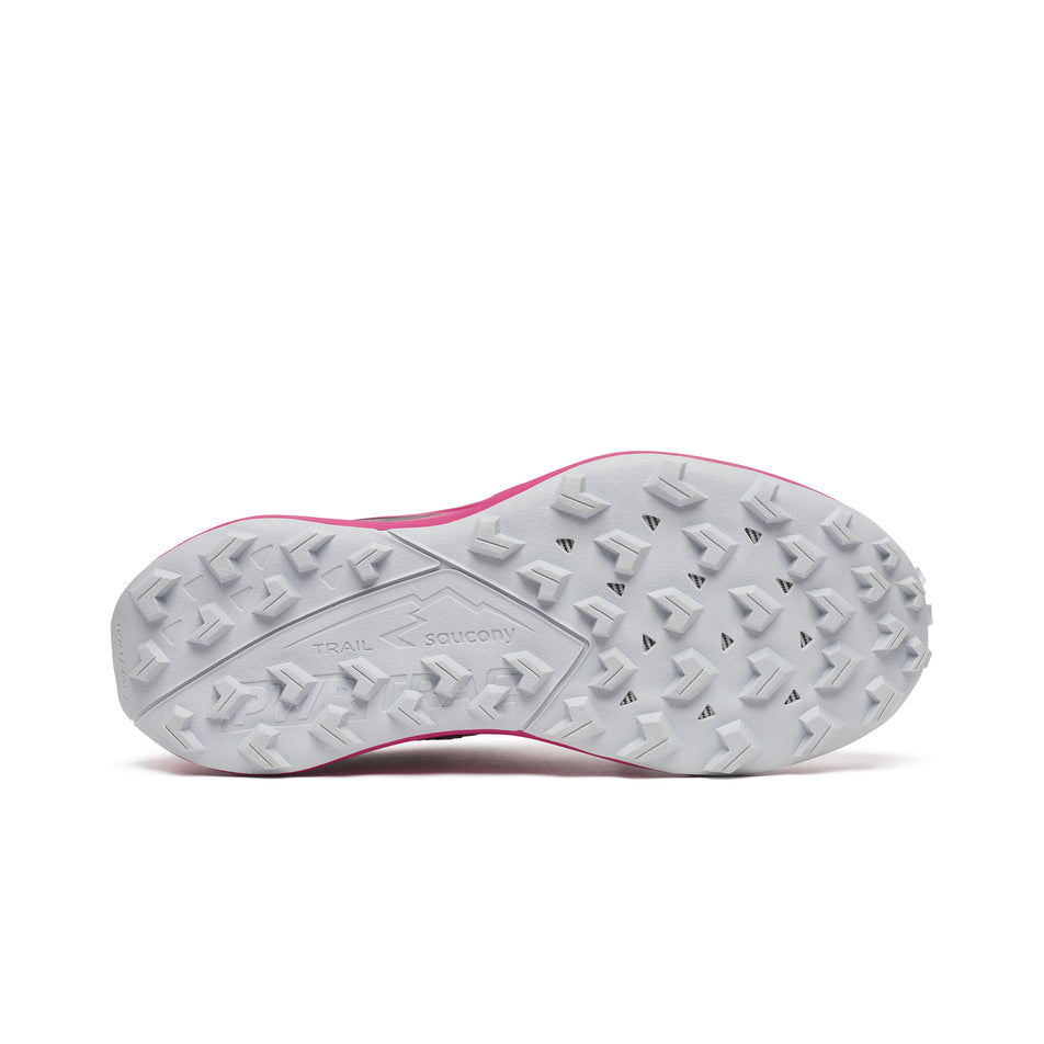 Outsole of the right shoe from a pair of Saucony Women's Peregrine 15 Running Shoes in the Magenta/Black colourway. (8551141802146)