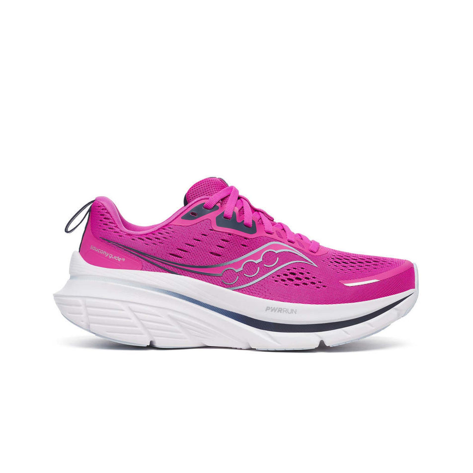 Lateral side of the right shoe from a pair of Saucony Women's Guide 18 Running Shoes in the Fuchsia/Navy colourway. (8563455656098)