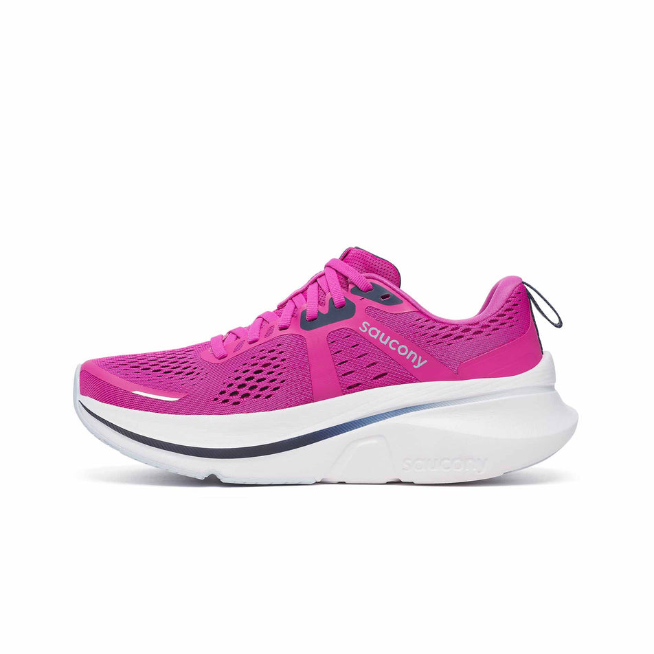 Medial side of the right shoe from a pair of Saucony Women's Guide 18 Running Shoes in the Fuchsia/Navy colourway. (8563455656098)