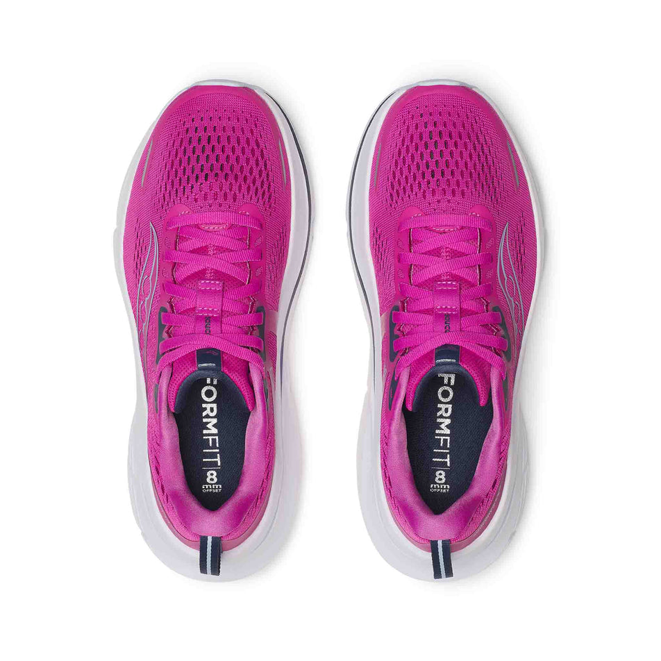 The uppers on a pair of Saucony Women's Guide 18 Running Shoes in the Fuchsia/Navy colourway. (8563455656098)