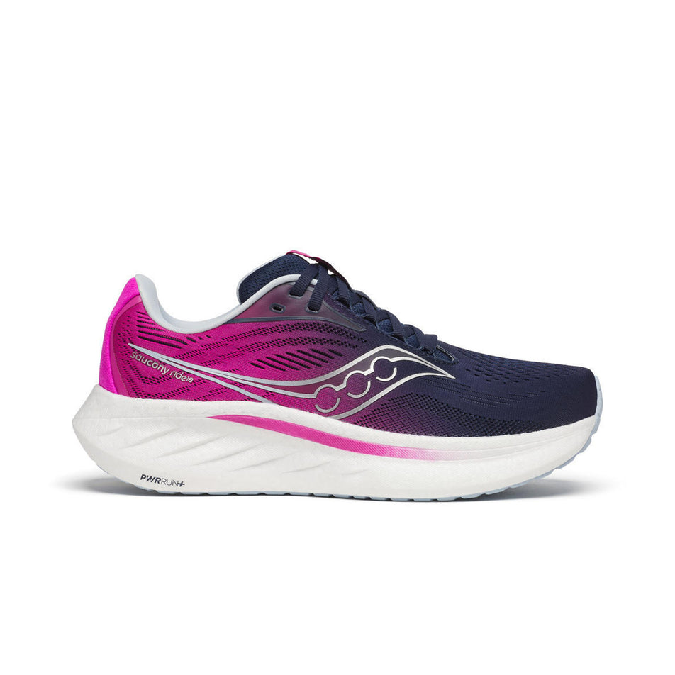 Lateral side of the right shoe from a pair of Saucony Women's Ride 18 Running Shoes in the Navy/Fuchsia colourway. (8551139901602)