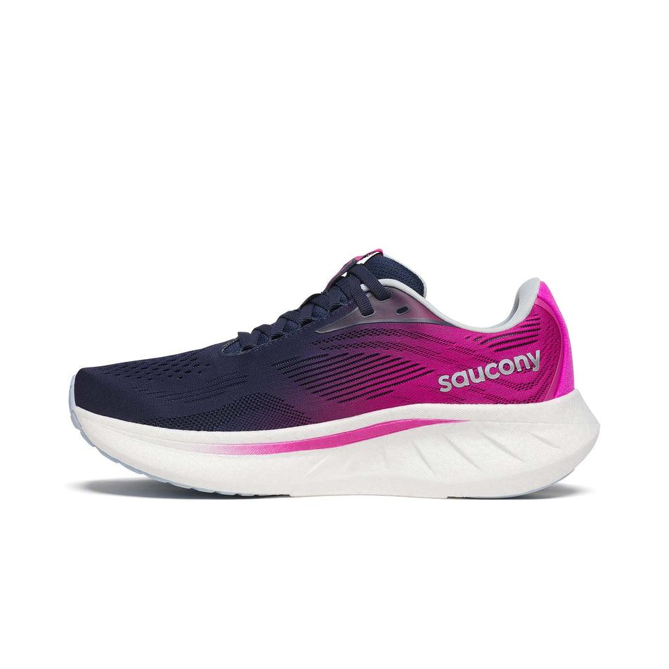 Medial side of the right shoe from a pair of Saucony Women's Ride 18 Running Shoes in the Navy/Fuchsia colourway. (8551139901602)