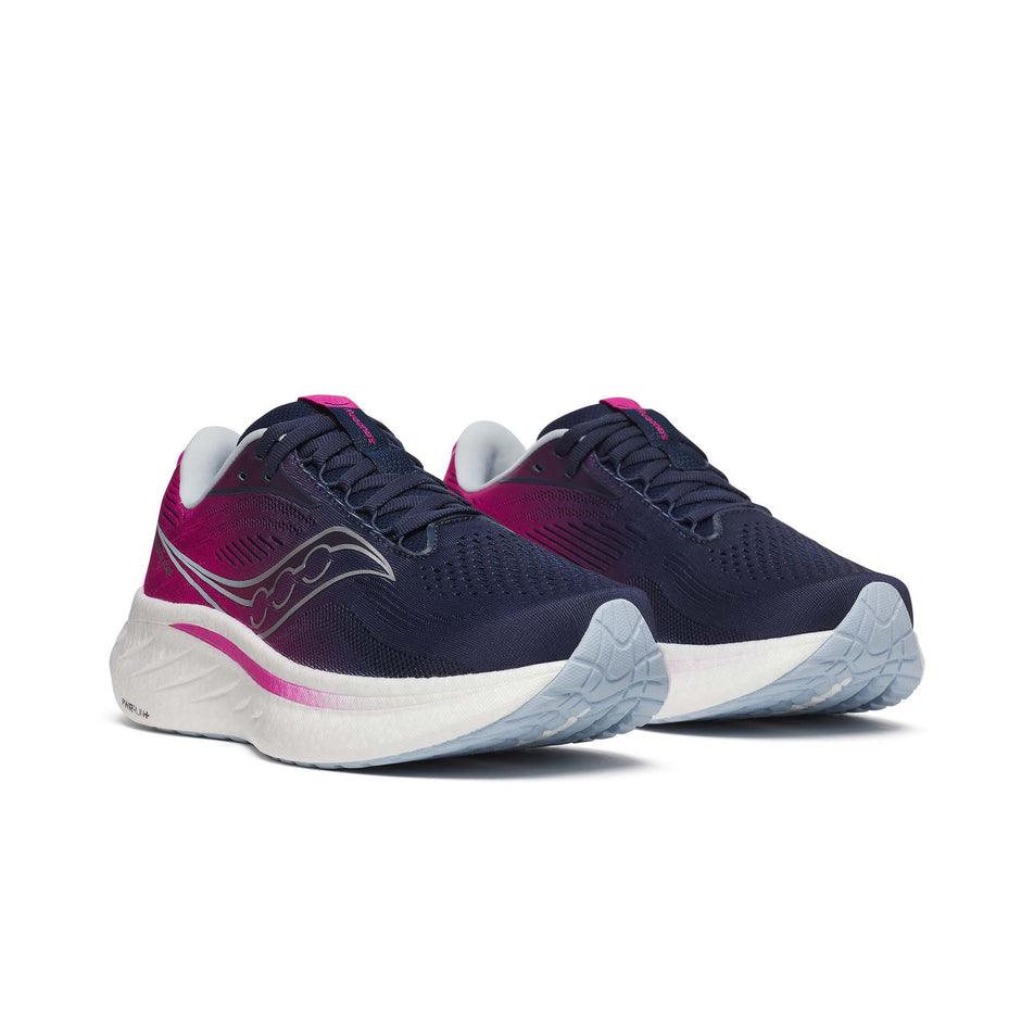 A pair of Saucony Women's Ride 18 Running Shoes in the Navy/Fuchsia colourway. (8551139901602)