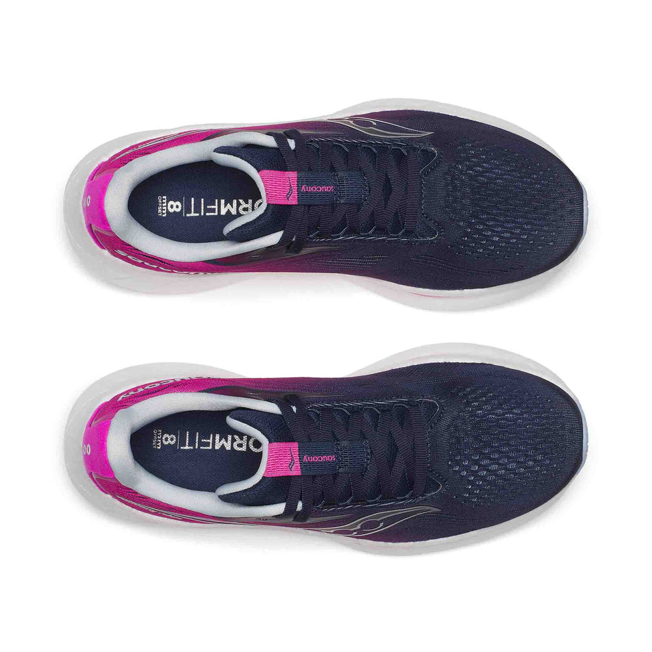 The uppers on a pair of Saucony Women's Ride 18 Running Shoes in the Navy/Fuchsia colourway. (8551139901602)