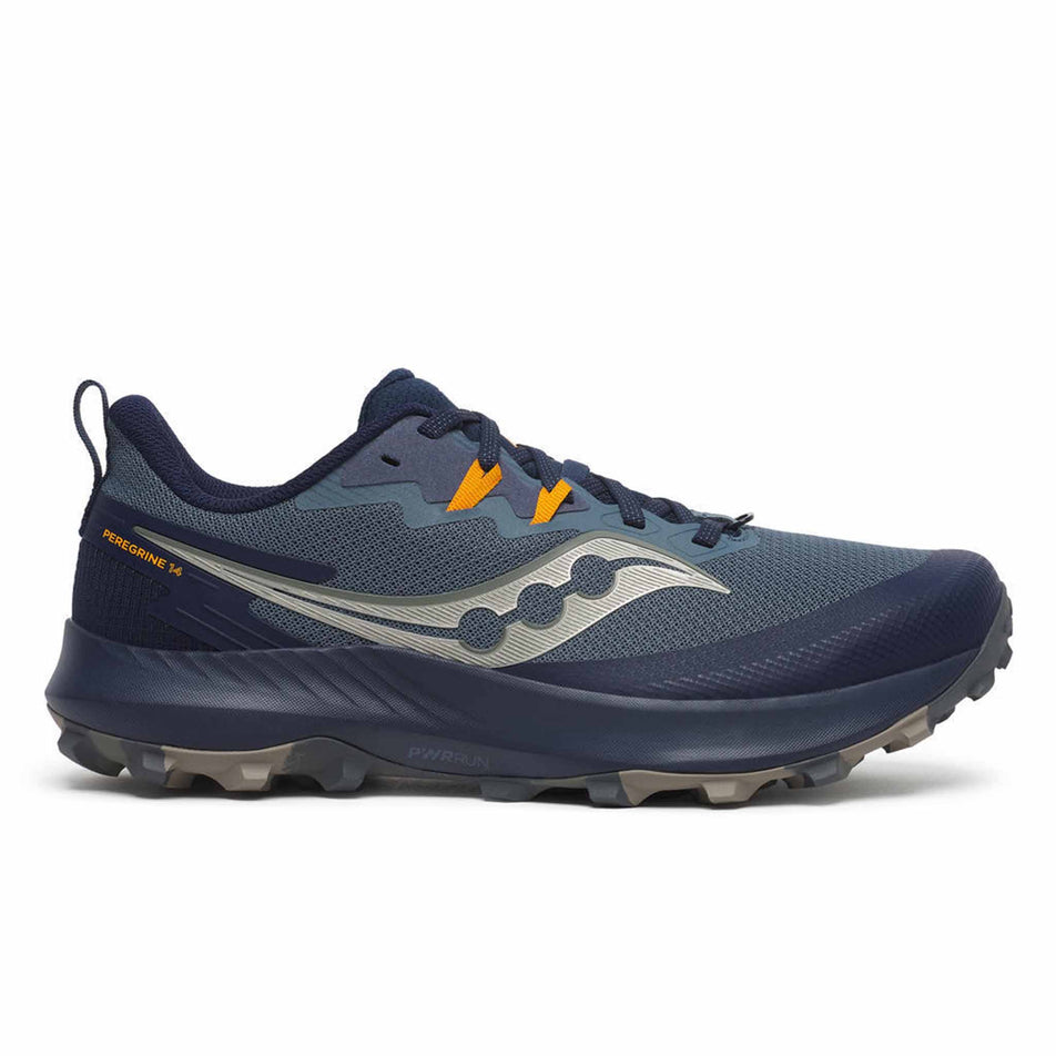 Lateral side of the right shoe from a pair of Saucony Men's Peregrine 14 Running Shoes in the Dusk/Navy colourway (8401815240866)