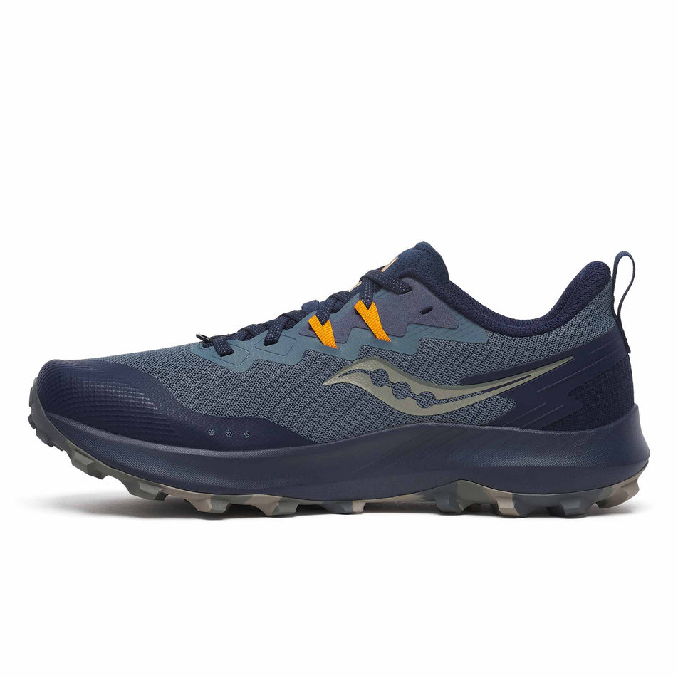 Medial side of the right shoe from a pair of Saucony Men's Peregrine 14 Running Shoes in the Dusk/Navy colourway (8401815240866)