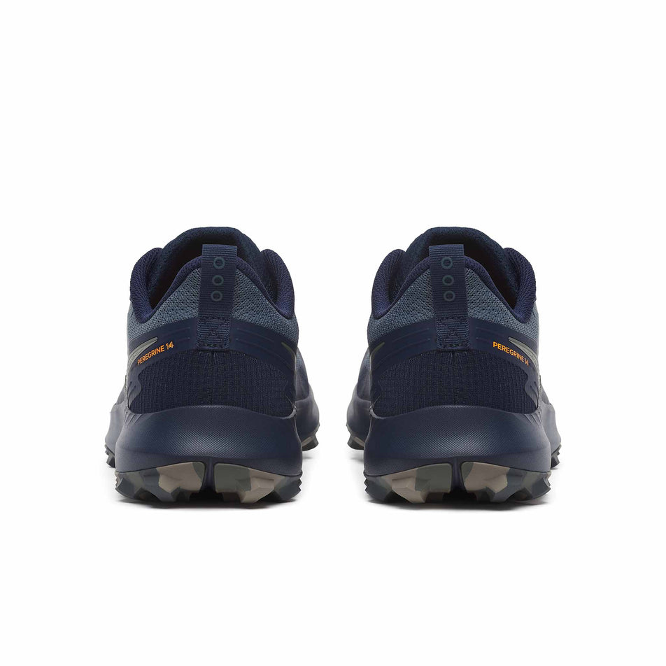 The back of a pair of Saucony Men's Peregrine 14 Running Shoes in the Dusk/Navy colourway (8401815240866)