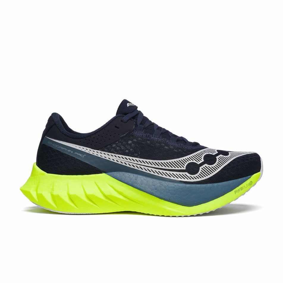 Lateral side of the right shoe from a pair of Saucony Men's Endorphin Pro 4 Running Shoes in the Navy/Citron colourway (8401523671202)