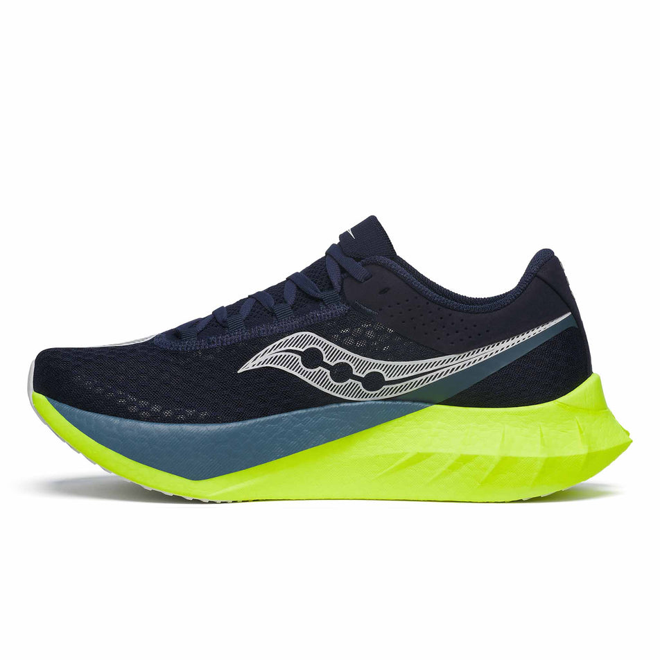 Medial side of the right shoe from a pair of Saucony Men's Endorphin Pro 4 Running Shoes in the Navy/Citron colourway (8401523671202)