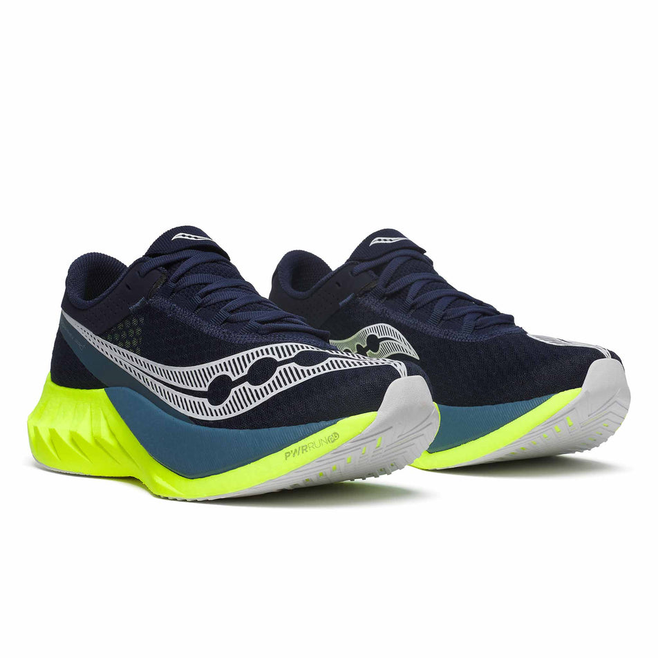 A pair of Saucony Men's Endorphin Pro 4 Running Shoes in the Navy/Citron colourway (8401523671202)