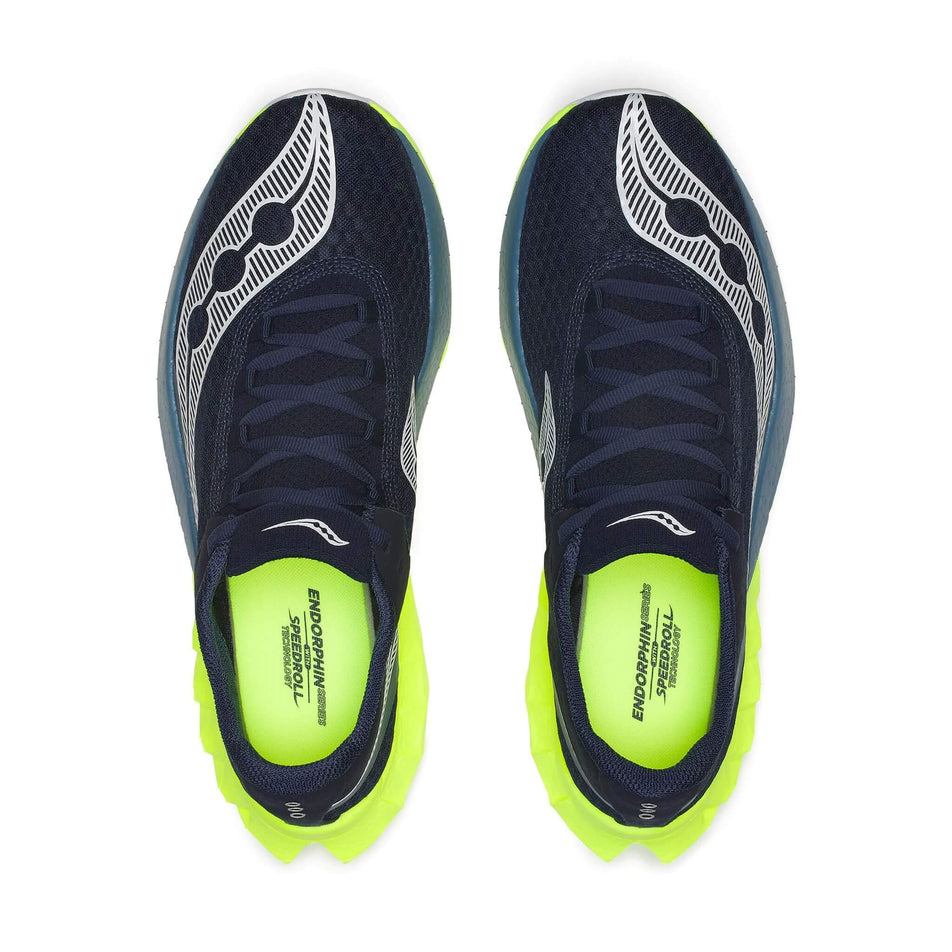 The uppers on a pair of Saucony Men's Endorphin Pro 4 Running Shoes in the Navy/Citron colourway (8401523671202)