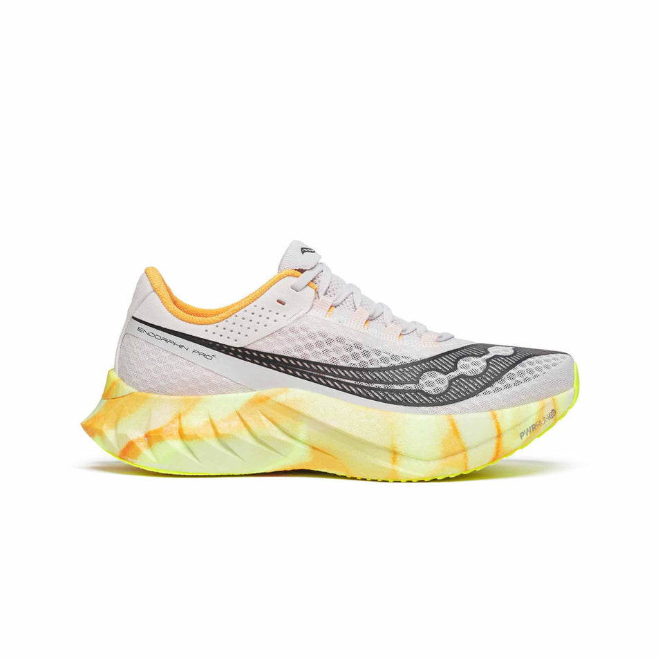 Lateral view of the right shoe from a pair of Saucony Men's Endorphin Pro 4 Running Shoes in the Fog/Peel colourway. (8561705058466)