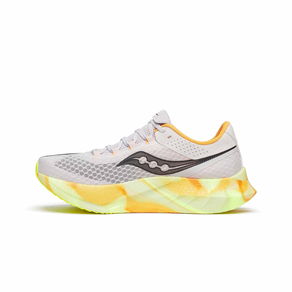 Medial view of the right shoe from a pair of Saucony Men's Endorphin Pro 4 Running Shoes in the Fog/Peel colourway. (8561705058466)