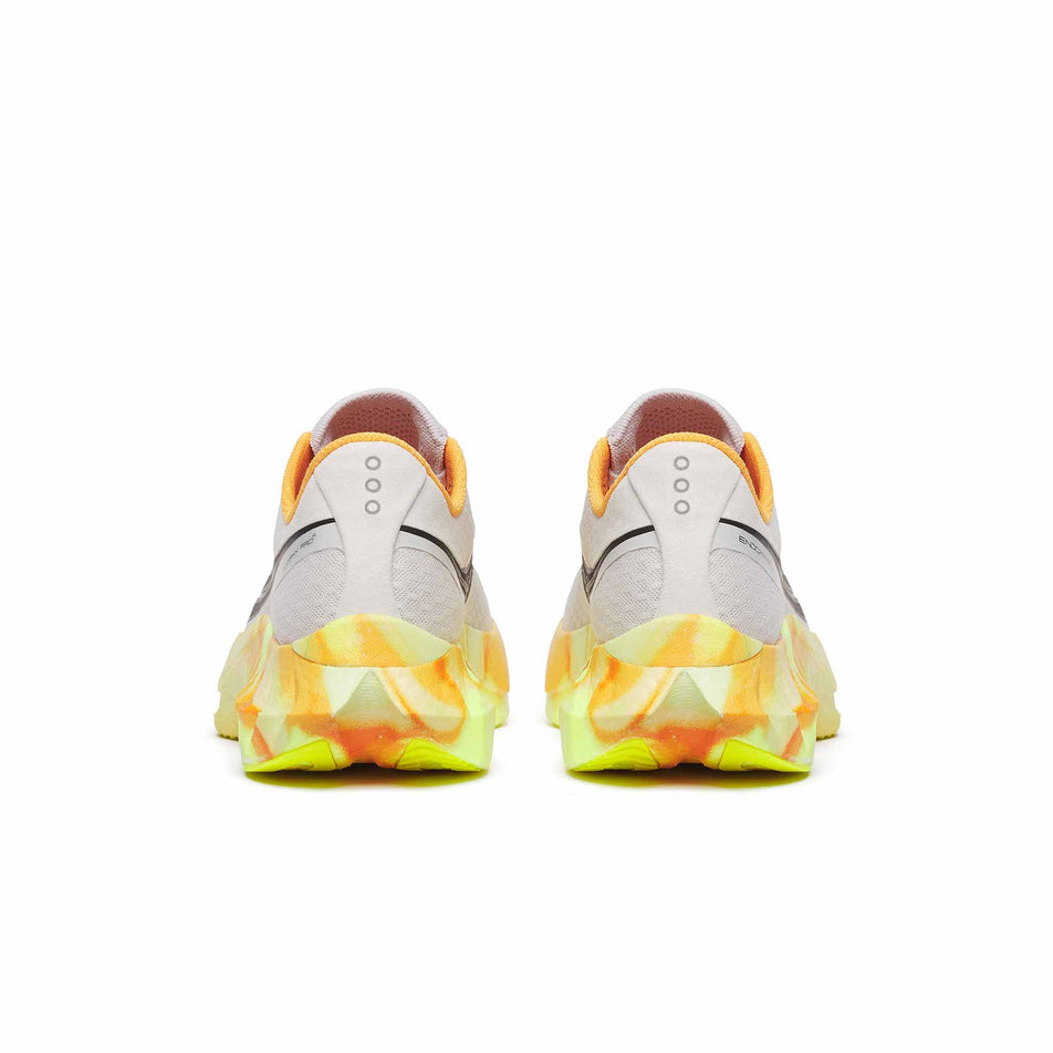 The back of a pair of Saucony Men's Endorphin Pro 4 Running Shoes in the Fog/Peel colourway. (8561705058466)