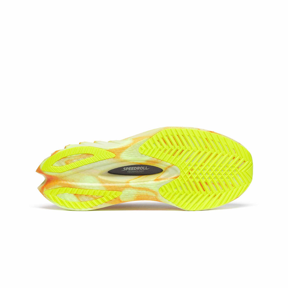 The outsole of the right shoe from a pair of Saucony Men's Endorphin Pro 4 Running Shoes in the Fog/Peel colourway. (8561705058466)