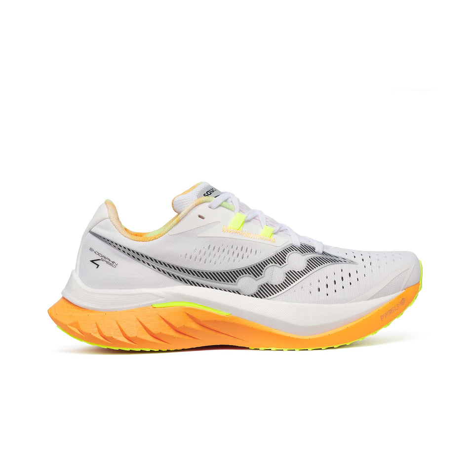 Lateral side of the right shoe from a pair of Saucony Men's Endorphin Speed 4 Running Shoes in the White/Peel colourway. (8559376269474)