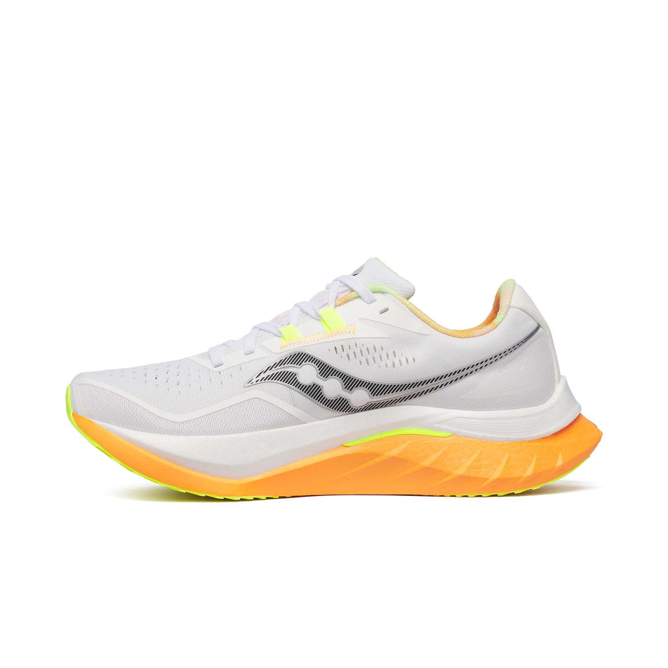 Medial side of the right shoe from a pair of Saucony Men's Endorphin Speed 4 Running Shoes in the White/Peel colourway. (8559376269474)