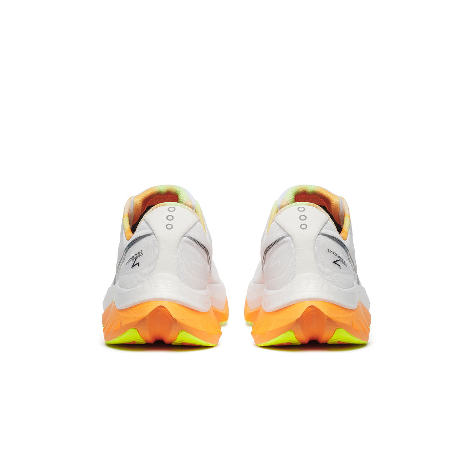 The back of a pair of Saucony Men's Endorphin Speed 4 Running Shoes in the White/Peel colourway. (8559376269474)