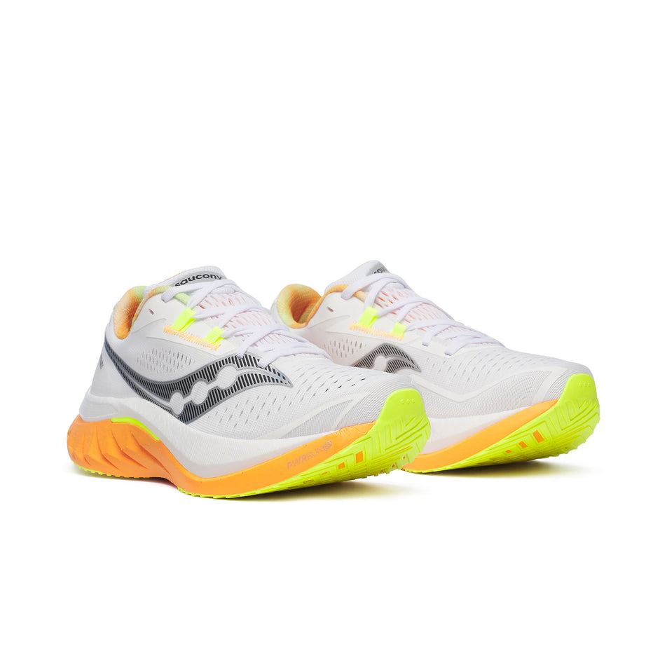 A pair of Saucony Men's Endorphin Speed 4 Running Shoes in the White/Peel colourway. (8559376269474)