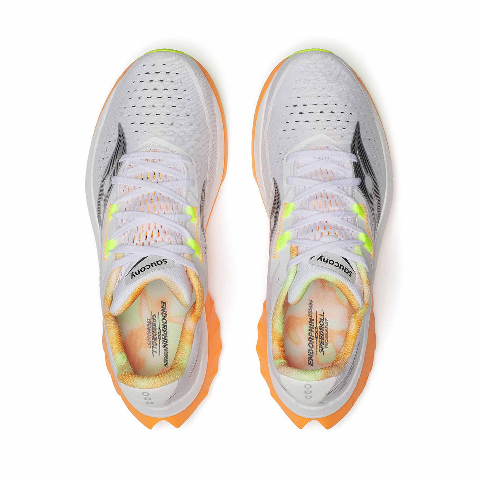 The uppers on a pair of Saucony Men's Endorphin Speed 4 Running Shoes in the White/Peel colourway. (8559376269474)