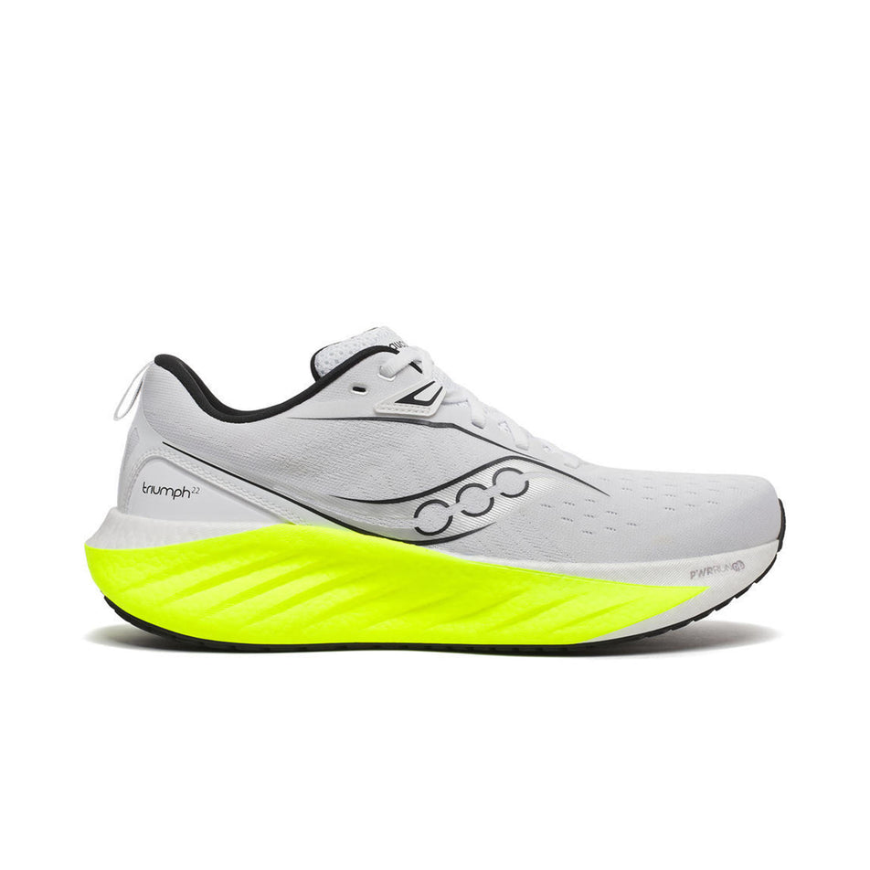 Lateral side of the right shoe from a pair of Saucony Men's Triumph 22 Running Shoes in the White/Citron colourway. (8559398420642)