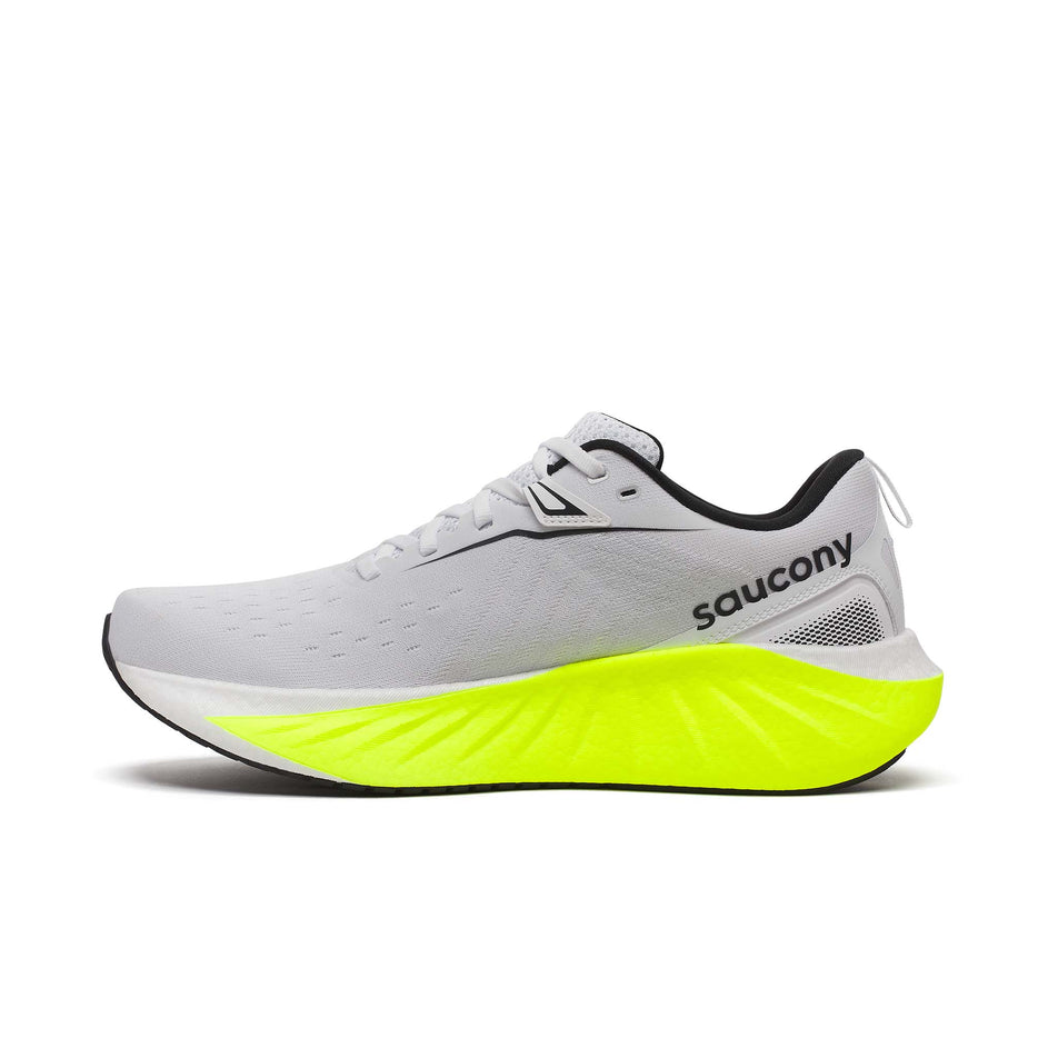 Medial side of the right shoe from a pair of Saucony Men's Triumph 22 Running Shoes in the White/Citron colourway. (8559398420642)