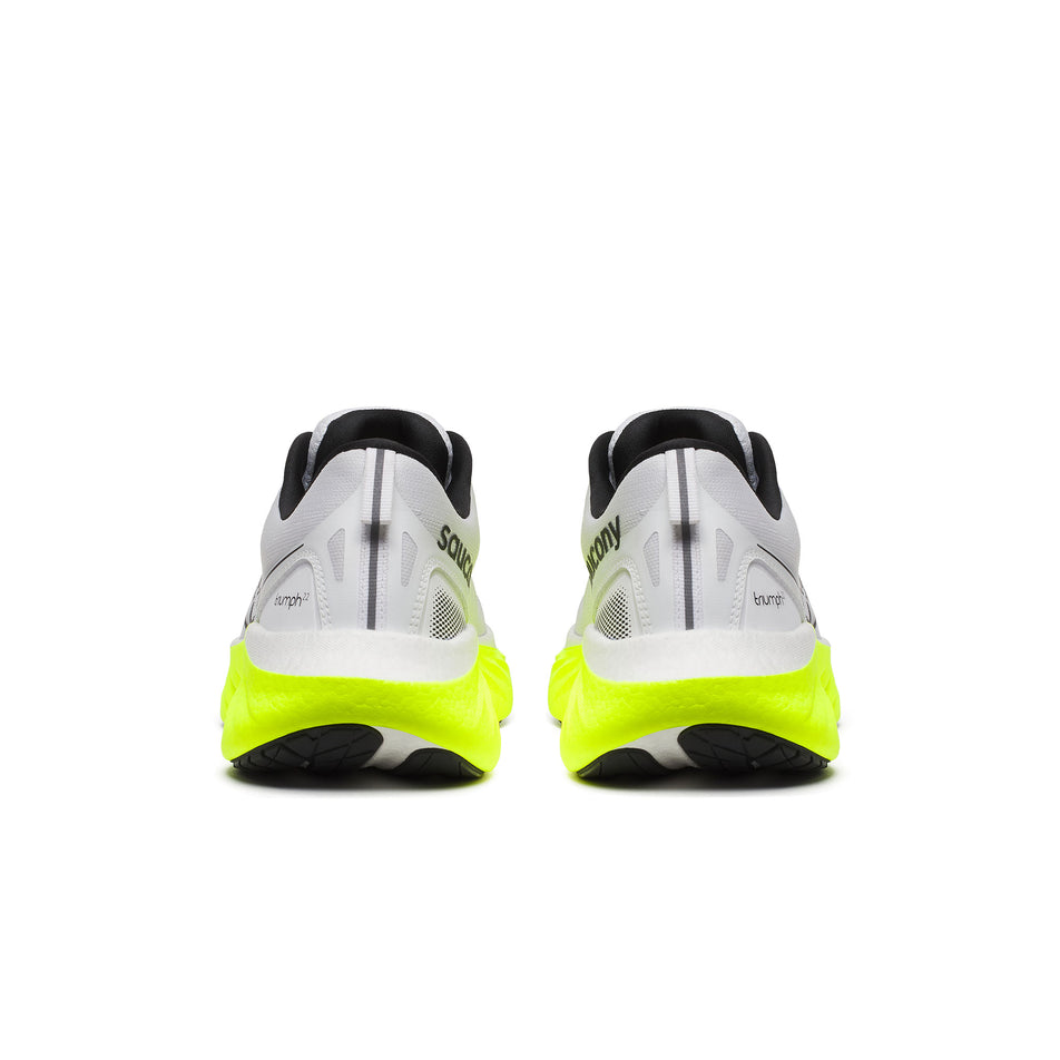 The back a pair of Saucony Men's Triumph 22 Running Shoes in the White/Citron colourway.  (8559398420642)