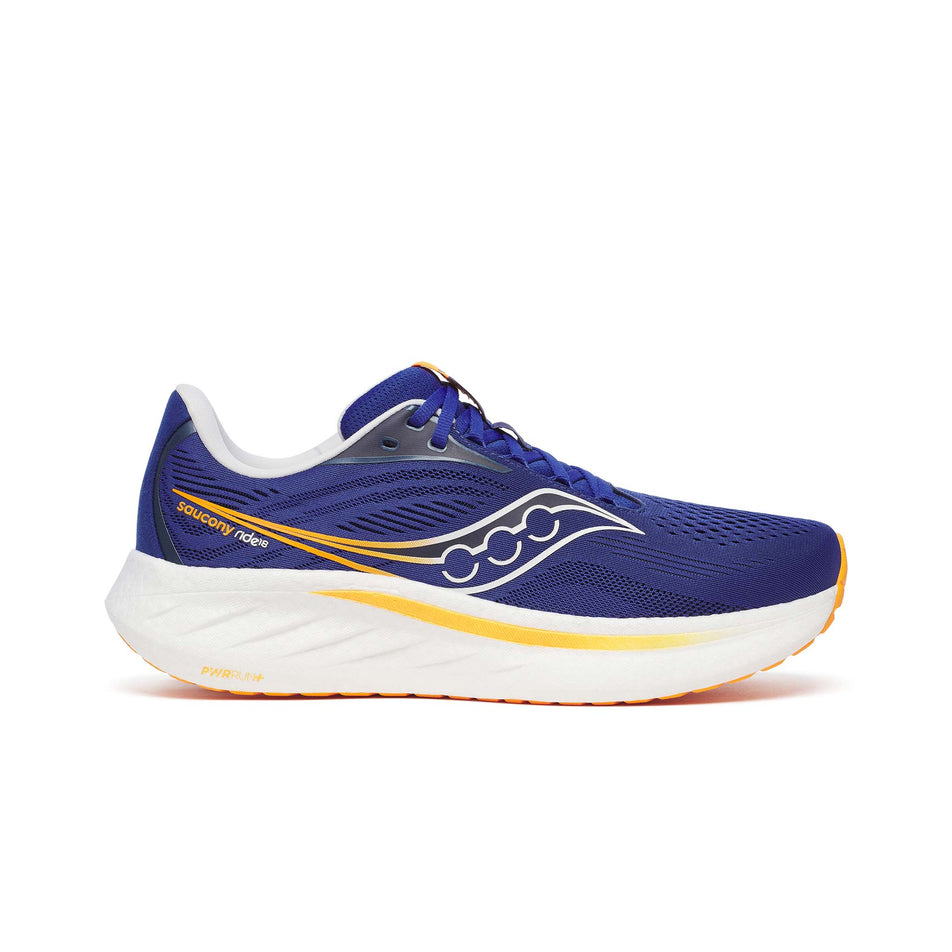 Lateral side of the right shoe from a pair of Saucony Men's Ride 18 Running Shoes in the Azurite/Peel colourway. (8551136886946)