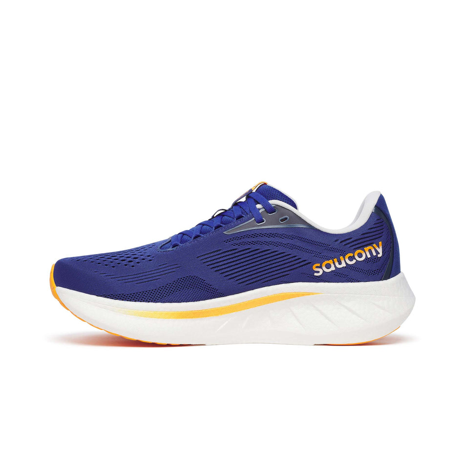 Medial side of the right shoe from a pair of Saucony Men's Ride 18 Running Shoes in the Azurite/Peel colourway. (8551136886946)