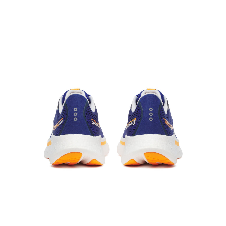 The back of a pair of Saucony Men's Ride 18 Running Shoes in the Azurite/Peel colourway. (8551136886946)