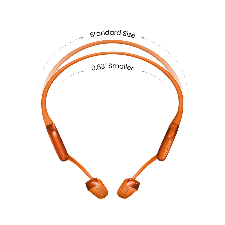 A pair of Shokz Unisex OpenRun Pro 2 Mini Wireless Bone Conduction Headphones, in the Orange colourway, against the outline of the standard size, and a note that the band is 0.83 inches smaller than the standard size. (8541433299106)