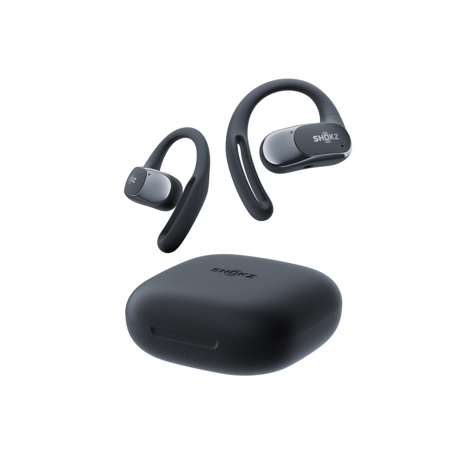 A pair of Shokz Unisex OpenFit Air Headphones in the Black colourway, along with the charging case. (8541403906210)