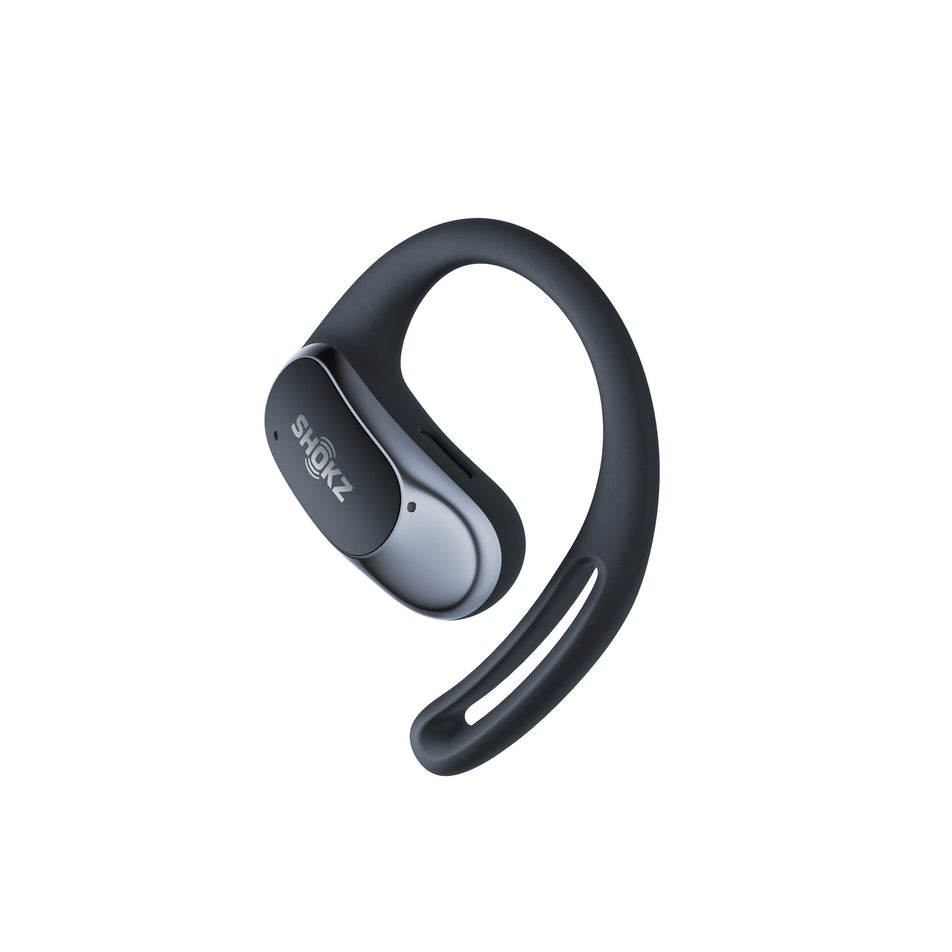 The left earbud from a pair of Shokz Unisex OpenFit Air Headphones in the Black colourway. (8541403906210)