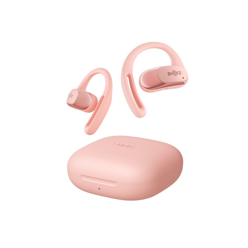 A pair of Shokz Unisex OpenFit Air Headphones in the Pink colourway, along with the charging case.  (8541409345698)