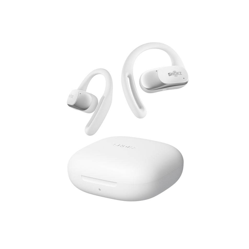 A pair of Shokz Unisex OpenFit Air Headphones in the White colourway, along with the charging case.  (8541407674530)