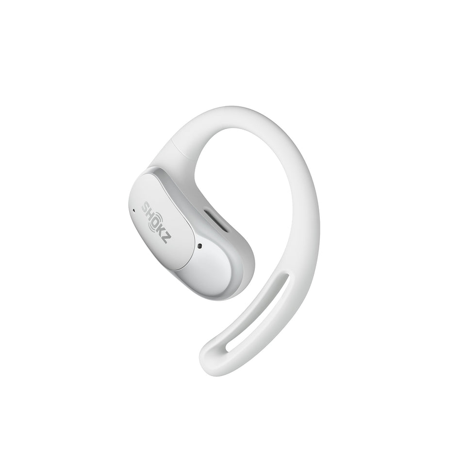 The left earbud from a pair of Shokz Unisex OpenFit Air Headphones in the White colourway. (8541407674530)