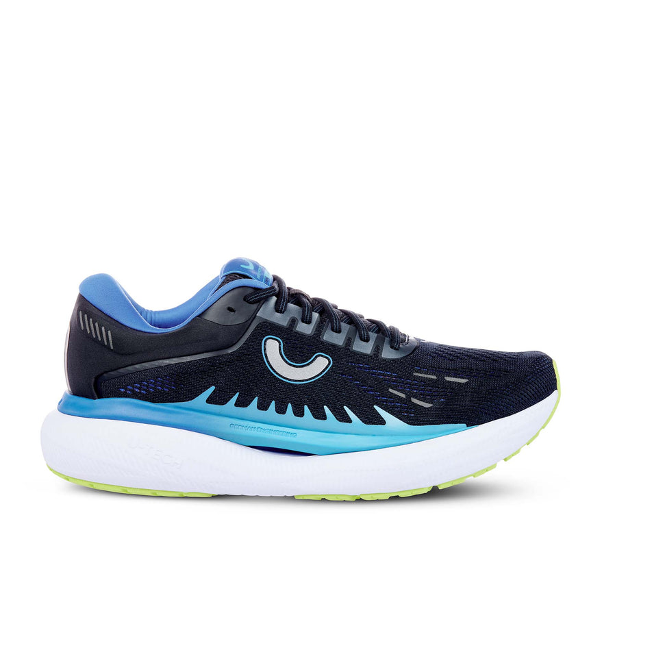 Lateral side of the right shoe from a pair of True Motion Men's U-Tech Aion 3 Running Shoes in the Dresden Blue/Mykonos Blue/Blazing Yellow colourway (8368967811234)