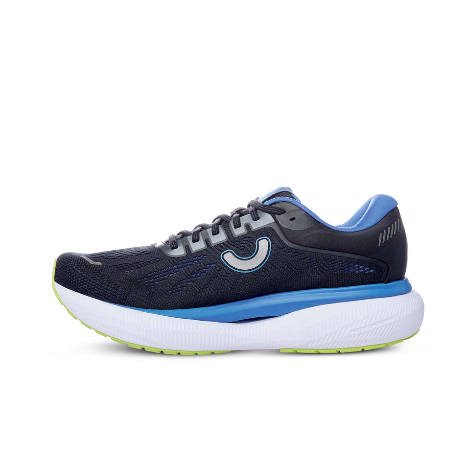 Medial side of the right shoe from a pair of True Motion Men's U-Tech Aion 3 Running Shoes in the Dresden Blue/Mykonos Blue/Blazing Yellow colourway (8368967811234)