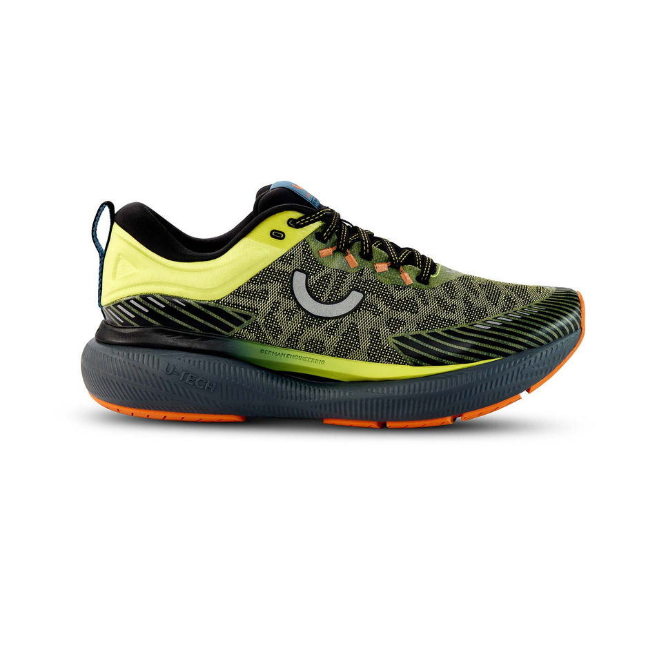 Lateral view of the right shoe from a pair of True Motion Men's U-TECH Aion Elements Running Shoes in the Limeade/Black/Jaff a Orange colourway. (8560407117986)