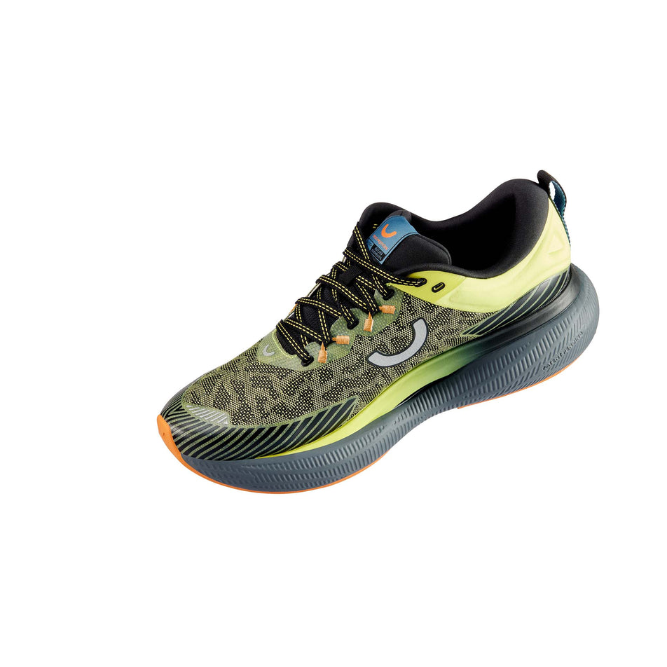 Medial view of the right shoe from a pair of True Motion Men's U-TECH Aion Elements Running Shoes in the Limeade/Black/Jaff a Orange colourway. (8560407117986)