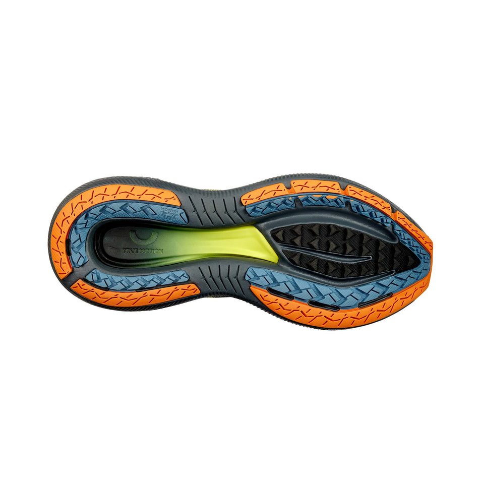 Outsole of the right shoe from a pair of True Motion Men's U-TECH Aion Elements Running Shoes in the Limeade/Black/Jaff a Orange colourway. (8560407117986)