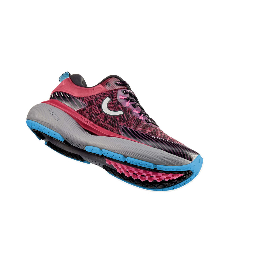 Angled view of lateral side and outsole of the right shoe from a pair of True Motion Women's U-Tech Aion Elements Running Shoes in the Beaujolais/Black/Blue Grotto colourway. (8560474259618)