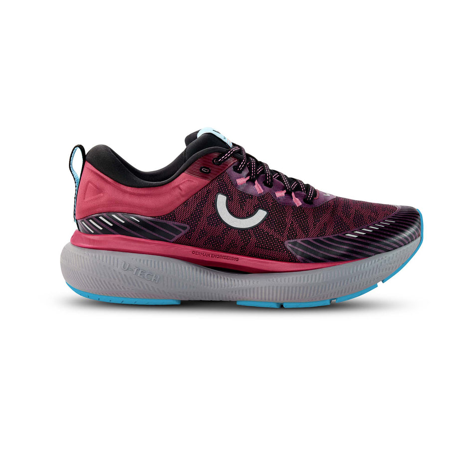 Lateral view of the right shoe from a pair of True Motion Women's U-Tech Aion Elements Running Shoes in the Beaujolais/Black/Blue Grotto colourway. (8560474259618)